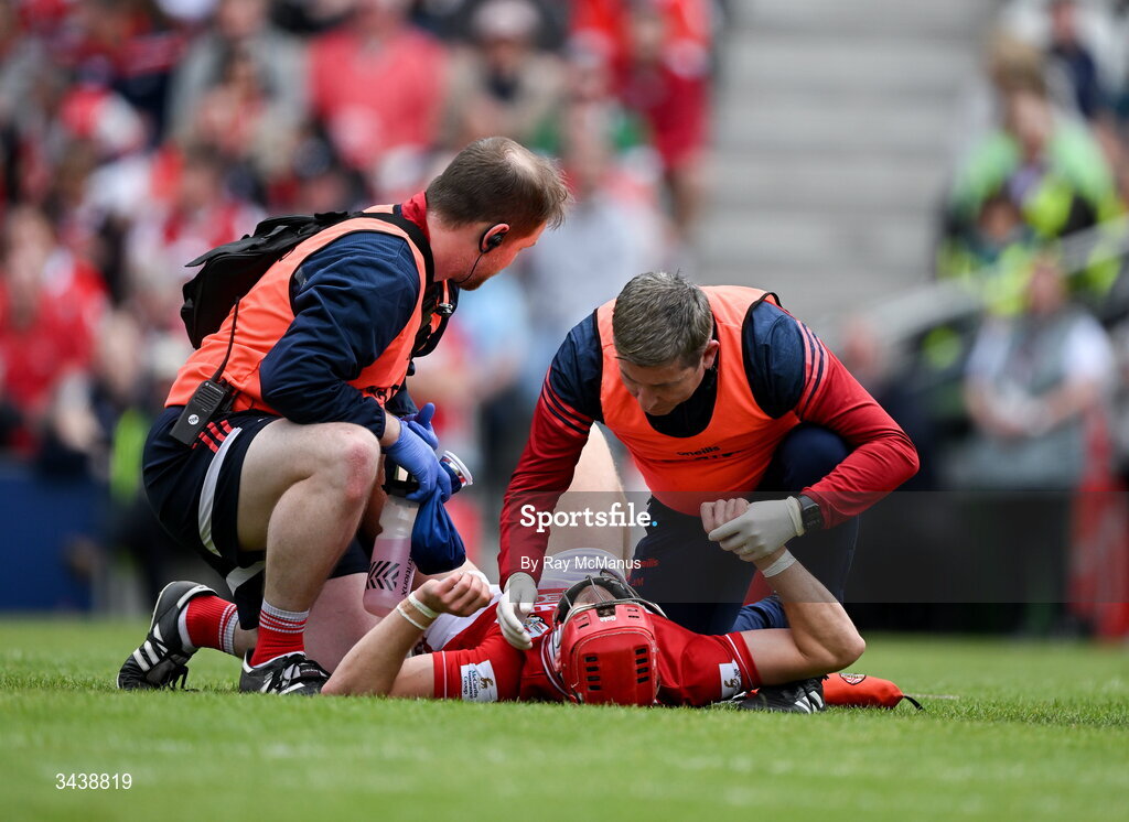 26 April 2026; Alan Connolly of Cork is attended to before leaving the field during the Munster GAA Senior Hurling Championship Round 2 match between Cork and Limerick at SuperValu Páirc Uí Chaoimh in Cork. Photo by Ray McManus/Sportsfile
