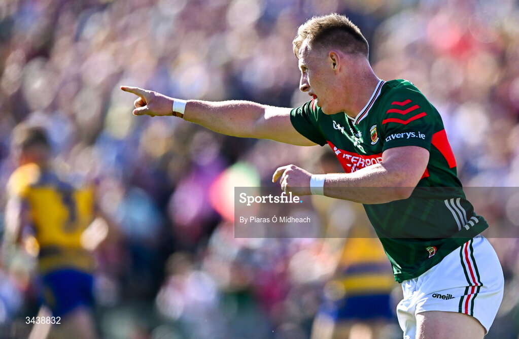 26 April 2026; Ryan O'Donoghue of Mayo celebrates after scoring his side's first goal during the Connacht GAA Football Senior Championship semi-final match between Mayo and Roscommon at Hastings Insurance MacHale Park in Castlebar, Mayo. Photo by Piaras Ó Mídheach/Sportsfile