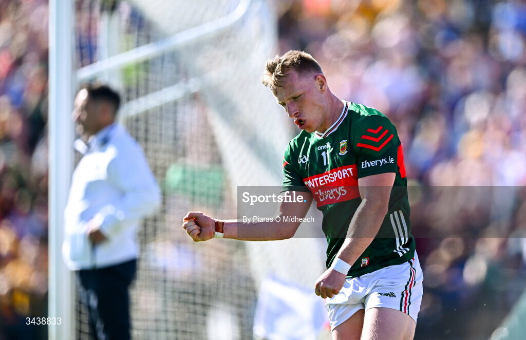 26 April 2026; Ryan O'Donoghue of Mayo celebrates after scoring his side's first goal during the Connacht GAA Football Senior Championship semi-final match between Mayo and Roscommon at Hastings Insurance MacHale Park in Castlebar, Mayo. Photo by Piaras Ó Mídheach/Sportsfile