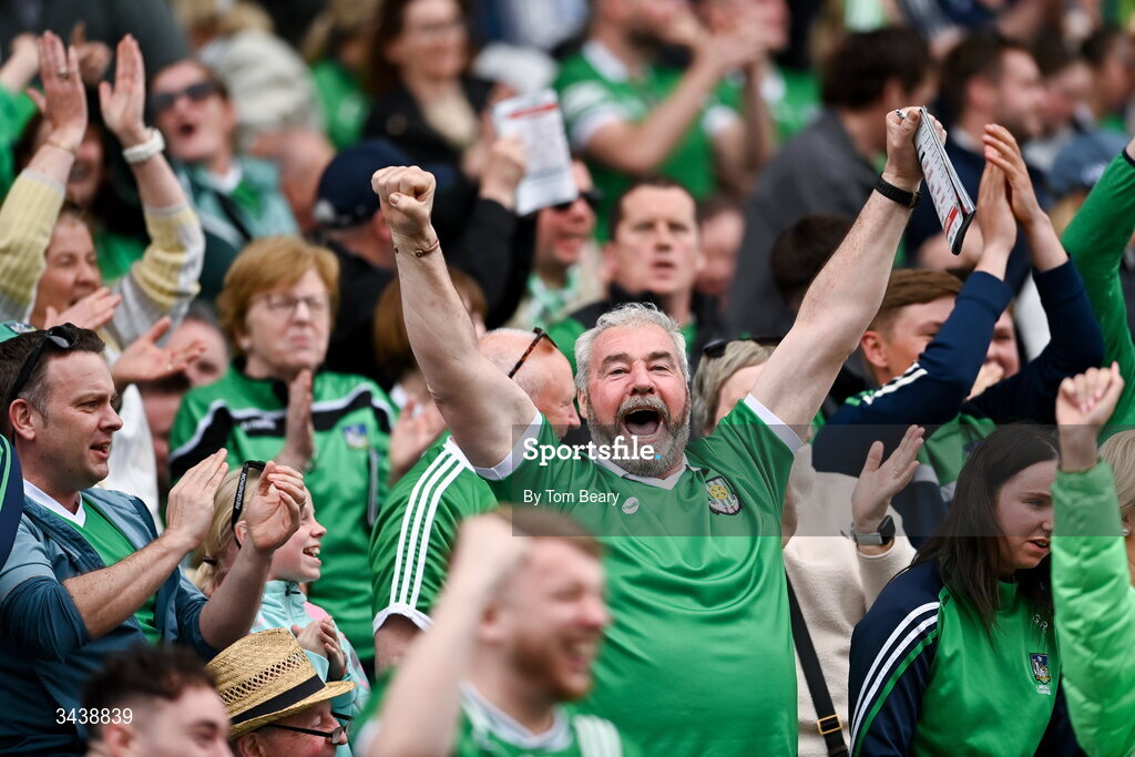 26 April 2026; A Limerick supporter celebrates a Limerick goal scored by Barry Nash during the Munster GAA Senior Hurling Championship Round 2 match between Cork and Limerick at SuperValu Páirc Uí Chaoimh in Cork. Photo by Tom Beary/Sportsfile