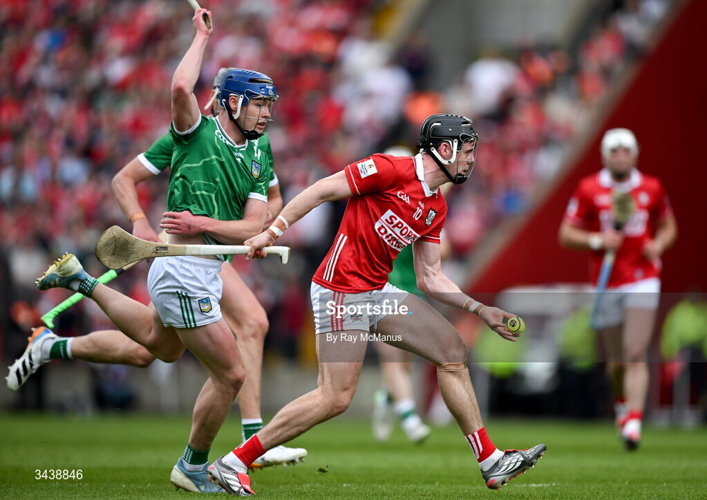 26 April 2026; Darragh Fitzgibbon of Cork is tackled by Aidan O'Connor of Limerick during the Munster GAA Senior Hurling Championship Round 2 match between Cork and Limerick at SuperValu Páirc Uí Chaoimh in Cork. Photo by Ray McManus/Sportsfile