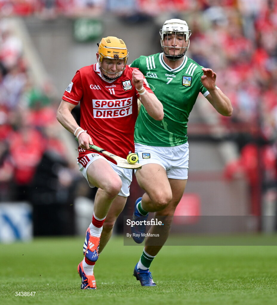 26 April 2026; Shane Barrett of Cork is tackled by Kyle Hayes of Limerick during the Munster GAA Senior Hurling Championship Round 2 match between Cork and Limerick at SuperValu Páirc Uí Chaoimh in Cork. Photo by Ray McManus/Sportsfile