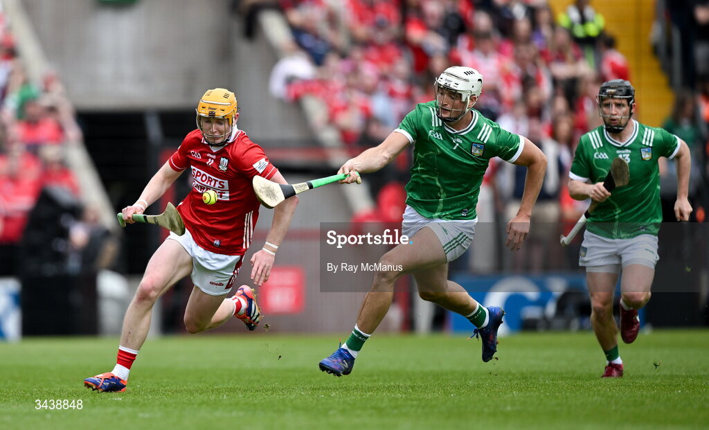 26 April 2026; Shane Barrett of Cork is tackled by Kyle Hayes of Limerick during the Munster GAA Senior Hurling Championship Round 2 match between Cork and Limerick at SuperValu Páirc Uí Chaoimh in Cork. Photo by Ray McManus/Sportsfile