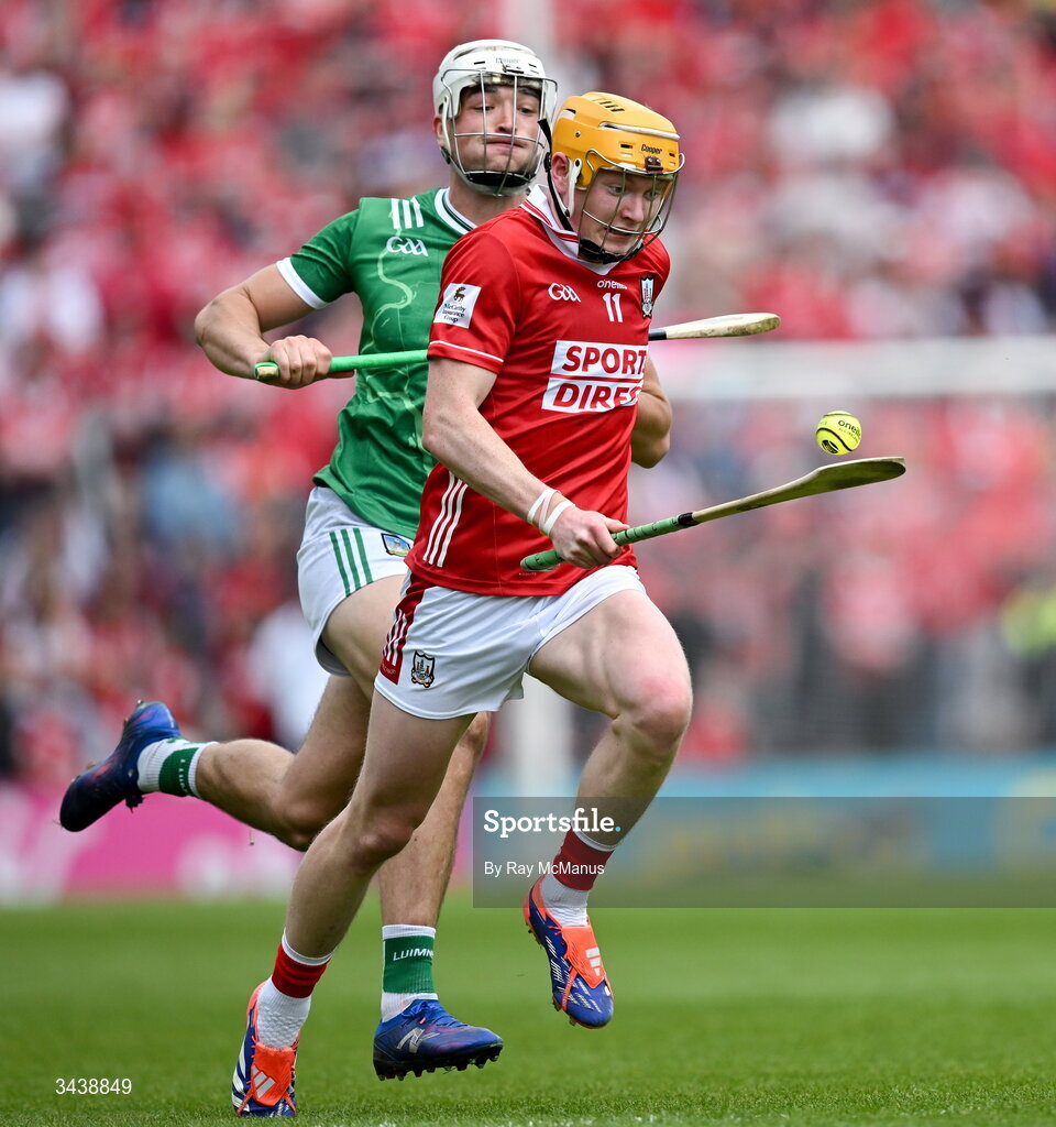 26 April 2026; Shane Barrett of Cork is tackled by Kyle Hayes of Limerick during the Munster GAA Senior Hurling Championship Round 2 match between Cork and Limerick at SuperValu Páirc Uí Chaoimh in Cork. Photo by Ray McManus/Sportsfile