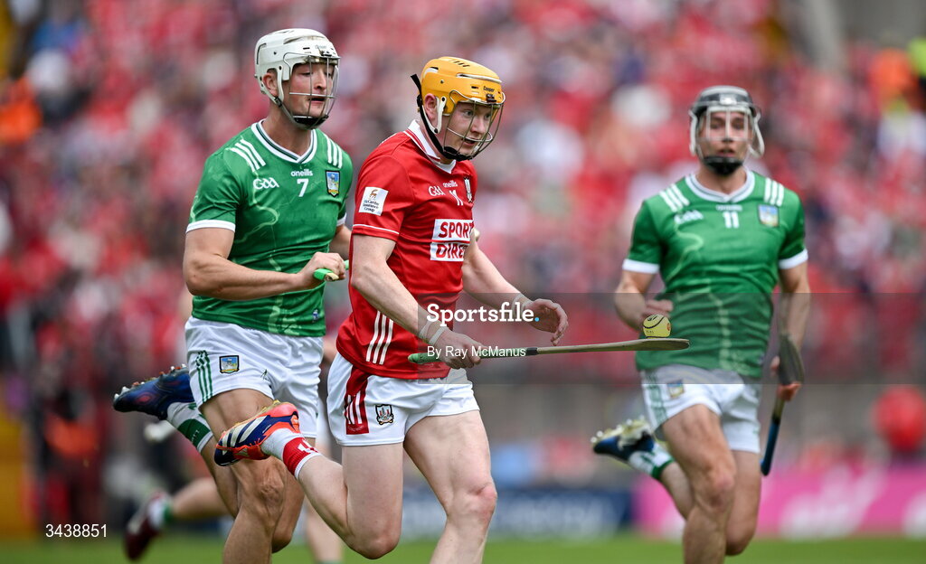 26 April 2026; Shane Barrett of Cork is tackled by Kyle Hayes of Limerick during the Munster GAA Senior Hurling Championship Round 2 match between Cork and Limerick at SuperValu Páirc Uí Chaoimh in Cork. Photo by Ray McManus/Sportsfile