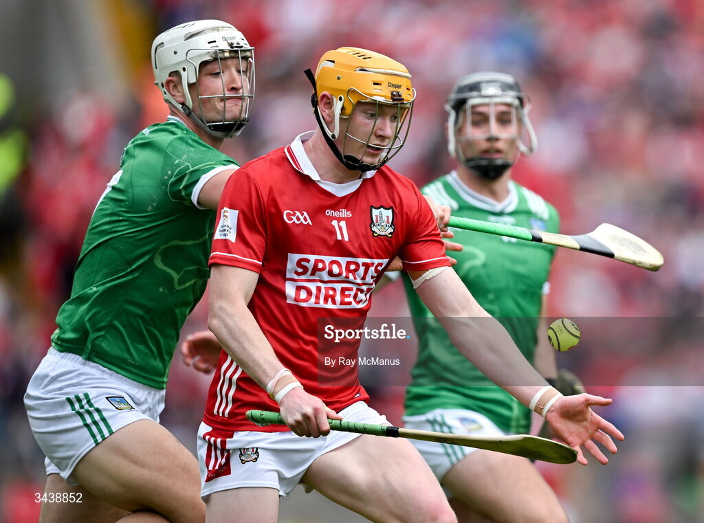 26 April 2026; Shane Barrett of Cork is tackled by Kyle Hayes of Limerick during the Munster GAA Senior Hurling Championship Round 2 match between Cork and Limerick at SuperValu Páirc Uí Chaoimh in Cork. Photo by Ray McManus/Sportsfile