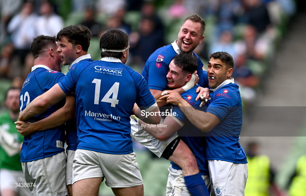 26 April 2026; Ruairi Shields of St Mary's College RFC, second from right, celebrates with teammates including Conor Dean, third from right, and Ramirez Leandro after scoring their side's fourth try during the Energia Men's All-Ireland League Division 1A final match between Clontarf FC and St Mary's College RFC at the Aviva Stadium in Dublin. Photo by Tyler Miller/Sportsfile