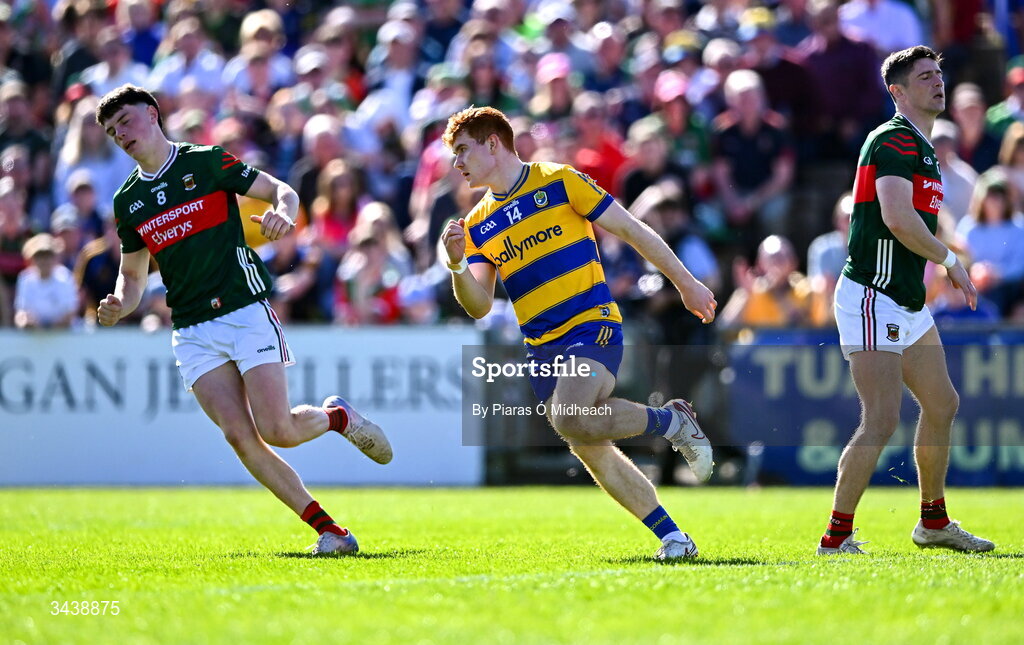 26 April 2026; Colm Neary of Roscommon celebrates after scoring a point during the Connacht GAA Football Senior Championship semi-final match between Mayo and Roscommon at Hastings Insurance MacHale Park in Castlebar, Mayo. Photo by Piaras Ó Mídheach/Sportsfile