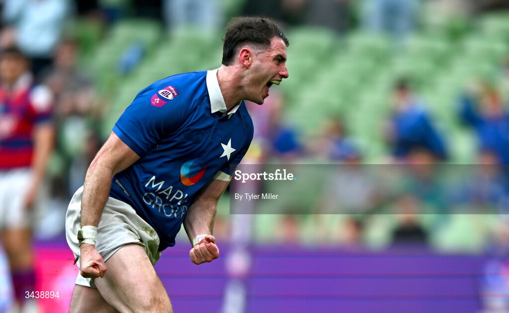 26 April 2026; Ruairi Shields of St Mary's College RFC celebrates after scoring his side's fourth try during the Energia Men's All-Ireland League Division 1A final match between Clontarf FC and St Mary's College RFC at the Aviva Stadium in Dublin. Photo by Tyler Miller/Sportsfile
