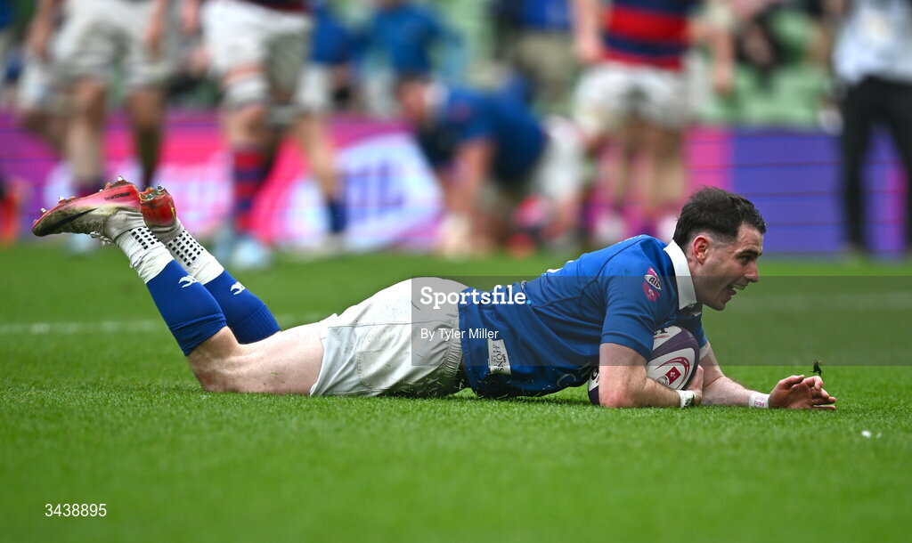 26 April 2026; Ruairi Shields of St Mary's College RFC dives over to score his side's fourth try during the Energia Men's All-Ireland League Division 1A final match between Clontarf FC and St Mary's College RFC at the Aviva Stadium in Dublin. Photo by Tyler Miller/Sportsfile