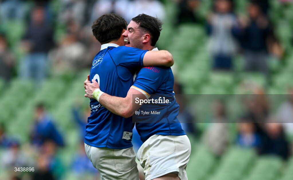 26 April 2026; Ruairi Shields of St Mary's College RFC, right, celebrates with teammate Robert Gilsenan after scoring their side's fourth try during the Energia Men's All-Ireland League Division 1A final match between Clontarf FC and St Mary's College RFC at the Aviva Stadium in Dublin. Photo by Tyler Miller/Sportsfile