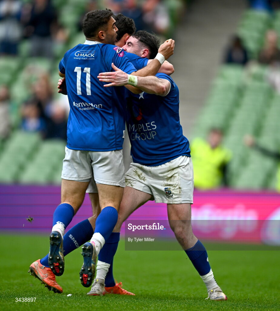 26 April 2026; Ruairi Shields of St Mary's College RFC, right, celebrates with teammate Ramirez Leandro after scoring their side's fourth try during the Energia Men's All-Ireland League Division 1A final match between Clontarf FC and St Mary's College RFC at the Aviva Stadium in Dublin. Photo by Tyler Miller/Sportsfile