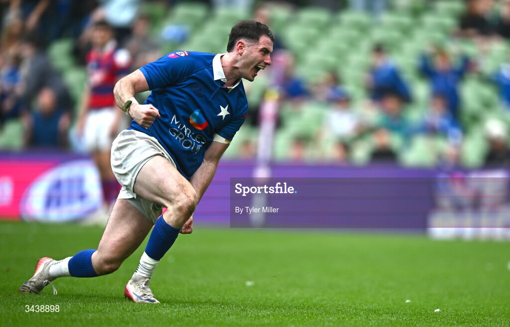 26 April 2026; Ruairi Shields of St Mary's College RFC celebrates after scoring his side's fourth try during the Energia Men's All-Ireland League Division 1A final match between Clontarf FC and St Mary's College RFC at the Aviva Stadium in Dublin. Photo by Tyler Miller/Sportsfile