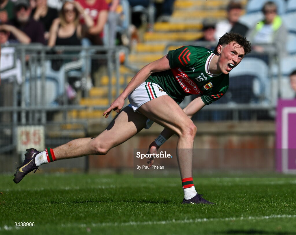 26 April 2026; Kobe McDonald of Mayo celebrates scoring a point during the Connacht GAA Football Senior Championship semi-final match between Mayo and Roscommon at Hastings Insurance MacHale Park in Castlebar, Mayo. Photo by Paul Phelan/Sportsfile