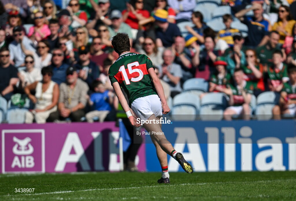 26 April 2026; Kobe McDonald of Mayo celebrates scoring a point during the Connacht GAA Football Senior Championship semi-final match between Mayo and Roscommon at Hastings Insurance MacHale Park in Castlebar, Mayo. Photo by Paul Phelan/Sportsfile