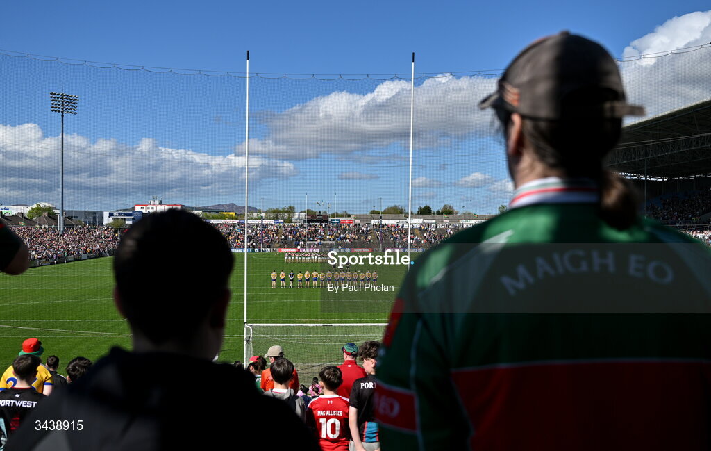 26 April 2026; The players and fans stand for a minutes silence before the Connacht GAA Football Senior Championship semi-final match between Mayo and Roscommon at Hastings Insurance MacHale Park in Castlebar, Mayo. Photo by Paul Phelan/Sportsfile