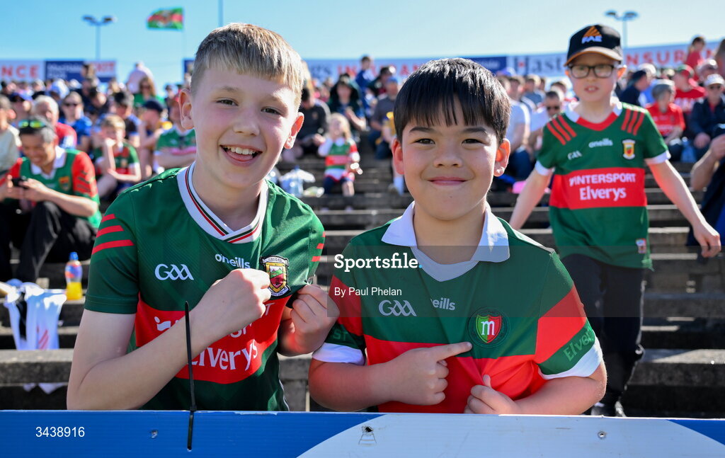 26 April 2026; Mayo supporters Alfie Lamb and Odhran Collins during the Connacht GAA Football Senior Championship semi-final match between Mayo and Roscommon at Hastings Insurance MacHale Park in Castlebar, Mayo. Photo by Paul Phelan/Sportsfile