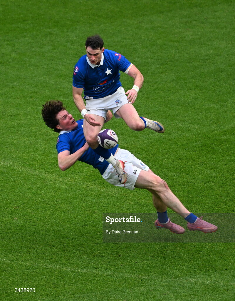 26 April 2026; Myles Carey, left, and Ruairi Shields of St Mary's College RFC jump for the ball during the Energia Men's All-Ireland League Division 1A final match between Clontarf FC and St Mary's College RFC at the Aviva Stadium in Dublin. Photo by Daire Brennan/Sportsfile