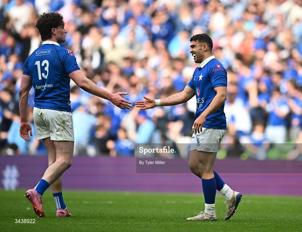 26 April 2026; Ramirez Leandro, right, and Myles Carey of St Mary's College RFC celebrate after their side score their third try during the Energia Men's All-Ireland League Division 1A final match between Clontarf FC and St Mary's College RFC at the Aviva Stadium in Dublin. Photo by Tyler Miller/Sportsfile
