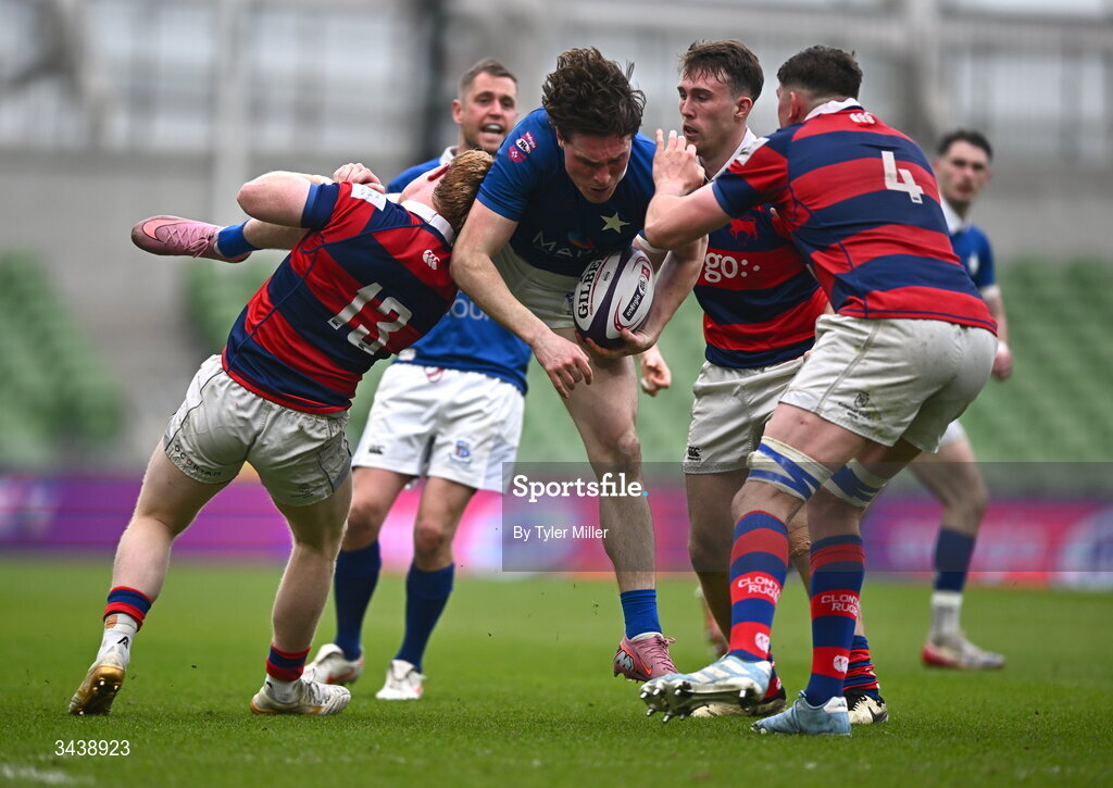 26 April 2026; Myles Carey of St Mary's College RFC is tackled by Hugh Cooney of Clontarf FC during the Energia Men's All-Ireland League Division 1A final match between Clontarf FC and St Mary's College RFC at the Aviva Stadium in Dublin. Photo by Tyler Miller/Sportsfile