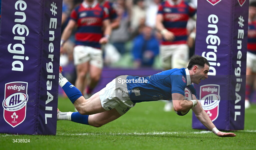 26 April 2026; Ruairi Shields of St Mary's College RFC dives over to score his side's fourth try during the Energia Men's All-Ireland League Division 1A final match between Clontarf FC and St Mary's College RFC at the Aviva Stadium in Dublin. Photo by Tyler Miller/Sportsfile