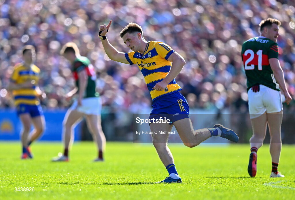 26 April 2026; Dylan Ruane of Roscommon celebrates scoring a point during the Connacht GAA Football Senior Championship semi-final match between Mayo and Roscommon at Hastings Insurance MacHale Park in Castlebar, Mayo. Photo by Piaras Ó Mídheach/Sportsfile