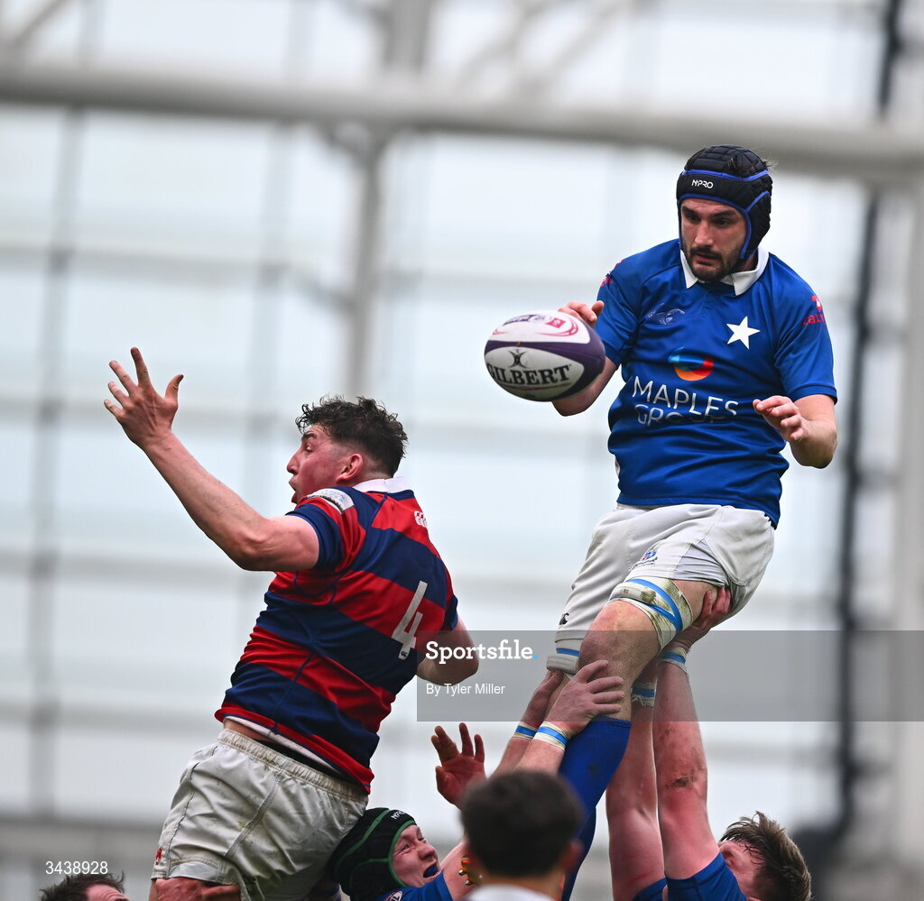 26 April 2026; Greg Jones of St Mary's College RFC wins possession in a line-out during the Energia Men's All-Ireland League Division 1A final match between Clontarf FC and St Mary's College RFC at the Aviva Stadium in Dublin. Photo by Tyler Miller/Sportsfile