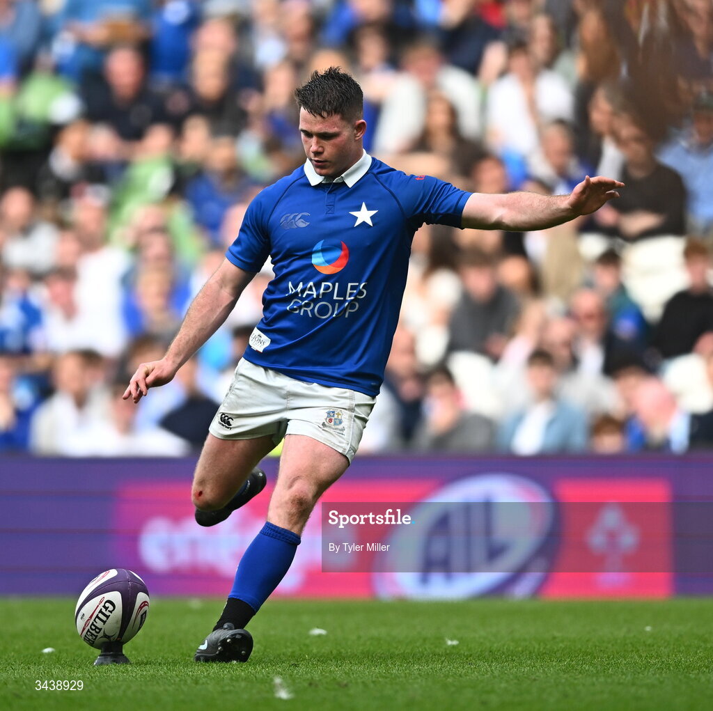 26 April 2026; Mick O'Gara of St Mary's College RFC kicks a conversion during the Energia Men's All-Ireland League Division 1A final match between Clontarf FC and St Mary's College RFC at the Aviva Stadium in Dublin. Photo by Tyler Miller/Sportsfile