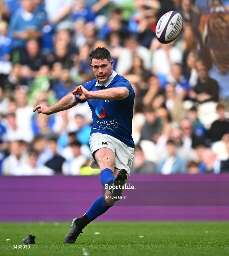 26 April 2026; Mick O'Gara of St Mary's College RFC kicks a conversion during the Energia Men's All-Ireland League Division 1A final match between Clontarf FC and St Mary's College RFC at the Aviva Stadium in Dublin. Photo by Tyler Miller/Sportsfile