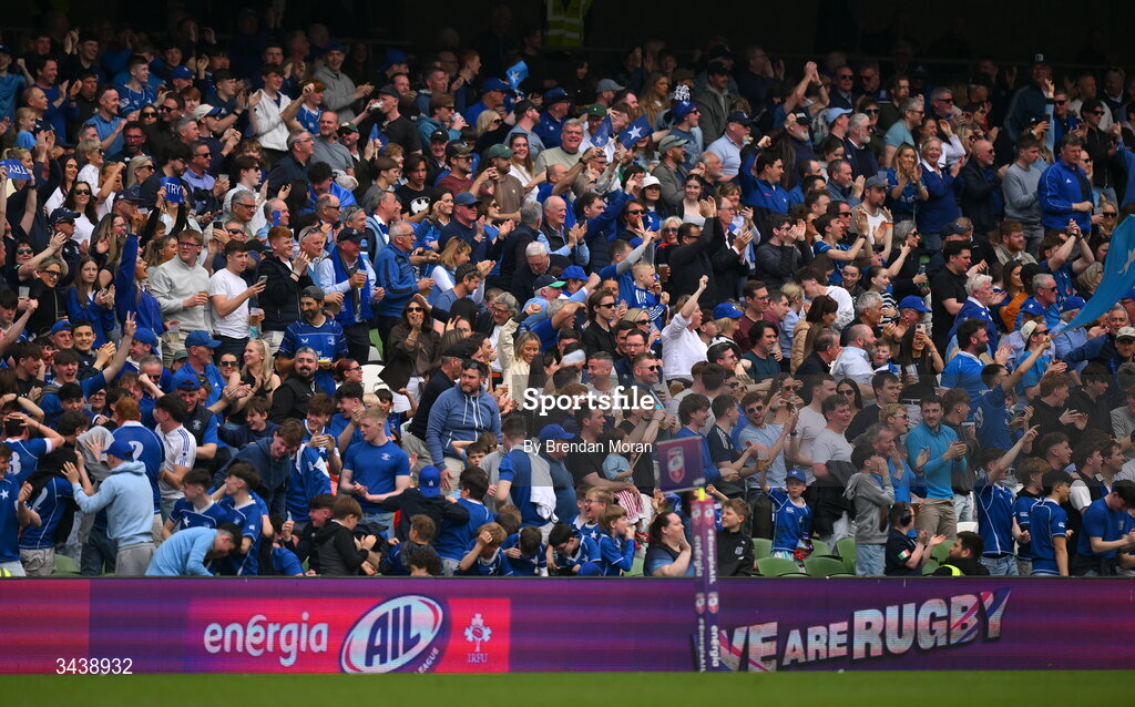26 April 2026; St Mary's College RFC supporters celebtare a try during the Energia Men's All-Ireland League Division 1A final match between Clontarf FC and St Mary's College RFC at the Aviva Stadium in Dublin. Photo by Brendan Moran/Sportsfile