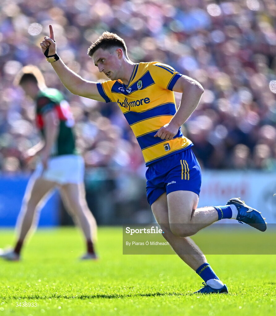 26 April 2026; Dylan Ruane of Roscommon celebrates scoring a point during the Connacht GAA Football Senior Championship semi-final match between Mayo and Roscommon at Hastings Insurance MacHale Park in Castlebar, Mayo. Photo by Piaras Ó Mídheach/Sportsfile