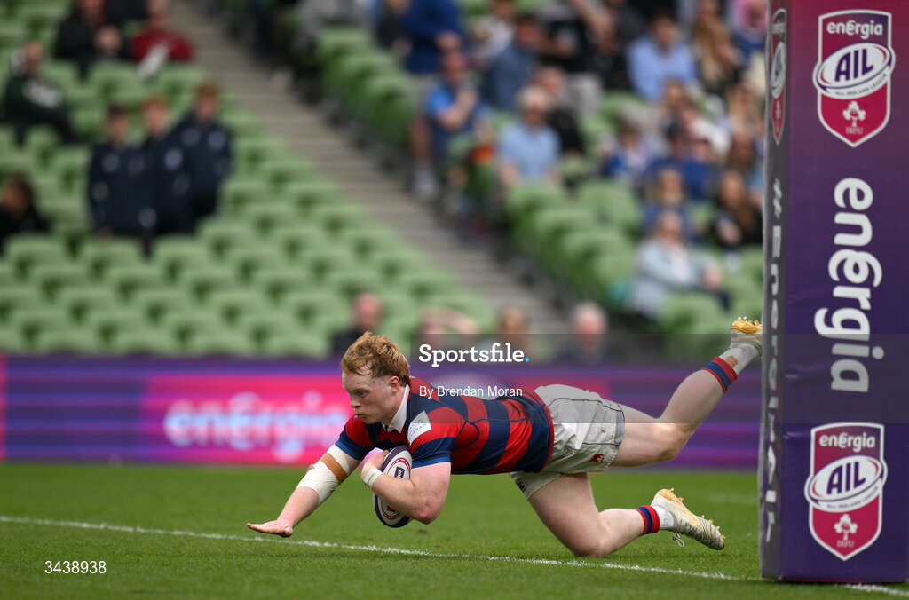 26 April 2026; Hugh Cooney of Clontarf FC scores a try during the Energia Men's All-Ireland League Division 1A final match between Clontarf FC and St Mary's College RFC at the Aviva Stadium in Dublin. Photo by Brendan Moran/Sportsfile
