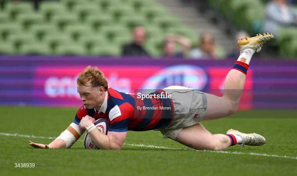 26 April 2026; Hugh Cooney of Clontarf FC scores a try during the Energia Men's All-Ireland League Division 1A final match between Clontarf FC and St Mary's College RFC at the Aviva Stadium in Dublin. Photo by Brendan Moran/Sportsfile