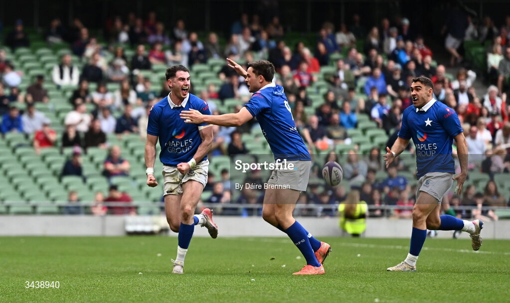 26 April 2026; Ruairi Shields, left, celebrates after scoring his side's third try, with team-mate Robert Gilsenan of St Mary's College RFC, during the Energia Men's All-Ireland League Division 1A final match between Clontarf FC and St Mary's College RFC at the Aviva Stadium in Dublin. Photo by Daire Brennan/Sportsfile