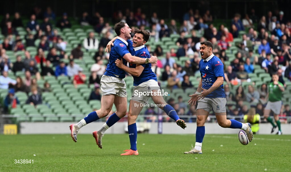 26 April 2026; Ruairi Shields, left, celebrates after scoring his side's third try, with team-mate Robert Gilsenan of St Mary's College RFC, during the Energia Men's All-Ireland League Division 1A final match between Clontarf FC and St Mary's College RFC at the Aviva Stadium in Dublin. Photo by Daire Brennan/Sportsfile