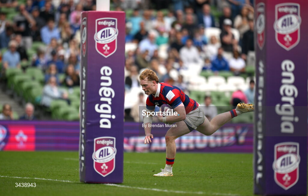 26 April 2026; Hugh Cooney of Clontarf FC scores a try during the Energia Men's All-Ireland League Division 1A final match between Clontarf FC and St Mary's College RFC at the Aviva Stadium in Dublin. Photo by Brendan Moran/Sportsfile