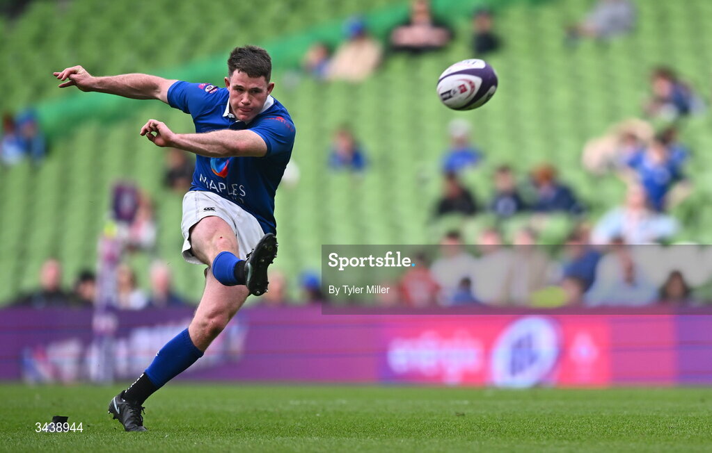 26 April 2026; Mick O'Gara of St Mary's College RFC kicks a penalty during the Energia Men's All-Ireland League Division 1A final match between Clontarf FC and St Mary's College RFC at the Aviva Stadium in Dublin. Photo by Tyler Miller/Sportsfile