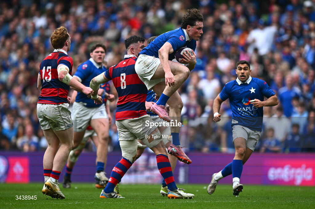 26 April 2026; Myles Carey of St Mary's College RFC in action against Jordan Coghlan of Clontarf FC during the Energia Men's All-Ireland League Division 1A final match between Clontarf FC and St Mary's College RFC at the Aviva Stadium in Dublin. Photo by Tyler Miller/Sportsfile