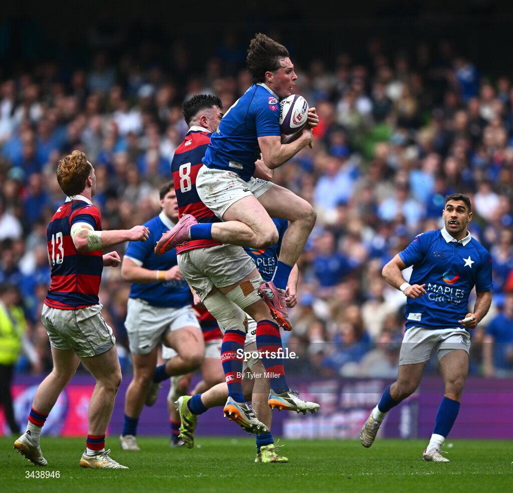 26 April 2026; Myles Carey of St Mary's College RFC in action against Jordan Coghlan of Clontarf FC during the Energia Men's All-Ireland League Division 1A final match between Clontarf FC and St Mary's College RFC at the Aviva Stadium in Dublin. Photo by Tyler Miller/Sportsfile