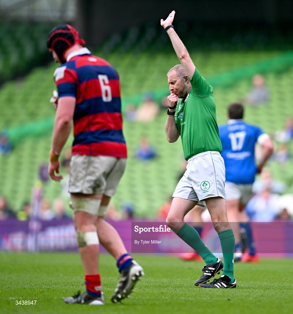 26 April 2026; Referee Daniel Carson during the Energia Men's All-Ireland League Division 1A final match between Clontarf FC and St Mary's College RFC at the Aviva Stadium in Dublin. Photo by Tyler Miller/Sportsfile