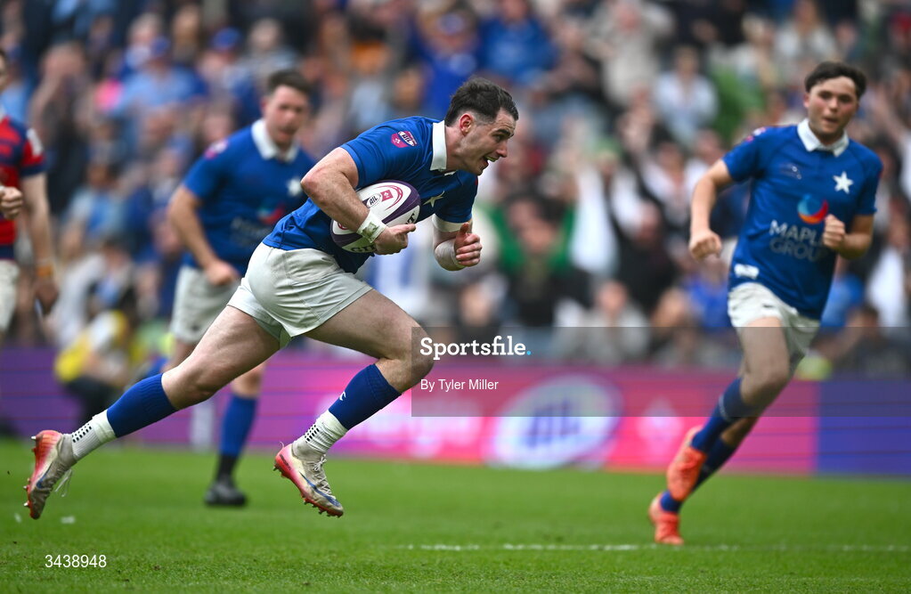 26 April 2026; Ruairi Shields of St Mary's College RFC on his way to scoring his side's fourth try during the Energia Men's All-Ireland League Division 1A final match between Clontarf FC and St Mary's College RFC at the Aviva Stadium in Dublin. Photo by Tyler Miller/Sportsfile