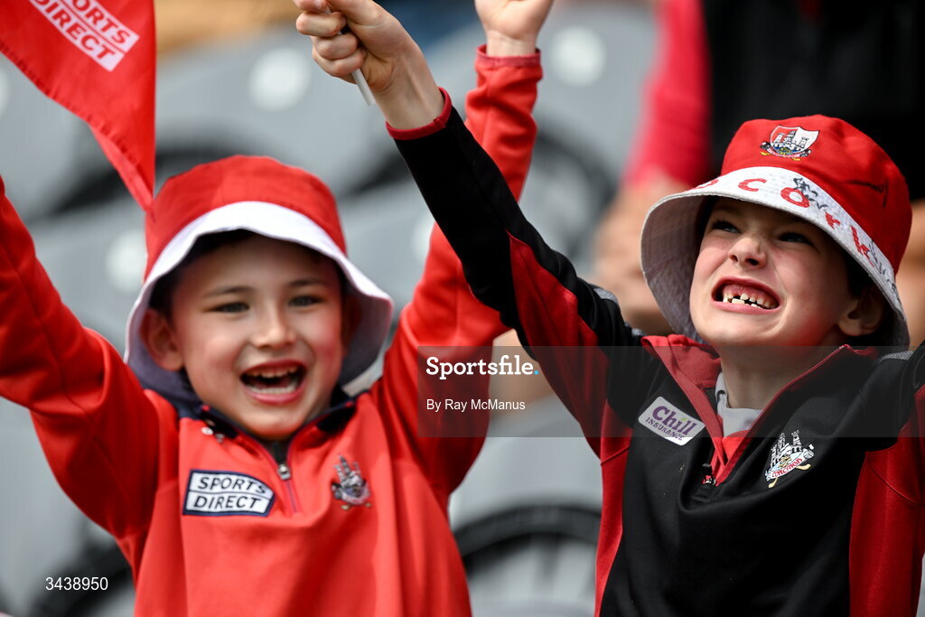 26 April 2026; Cork supporter Aodh Hegarty, seven years, and his cousin Kenzo Hatano, left, from Carraig na bhFear GAA Club during the Munster GAA Senior Hurling Championship Round 2 match between Cork and Limerick at SuperValu Páirc Uí Chaoimh in Cork. Photo by Ray McManus/Sportsfile