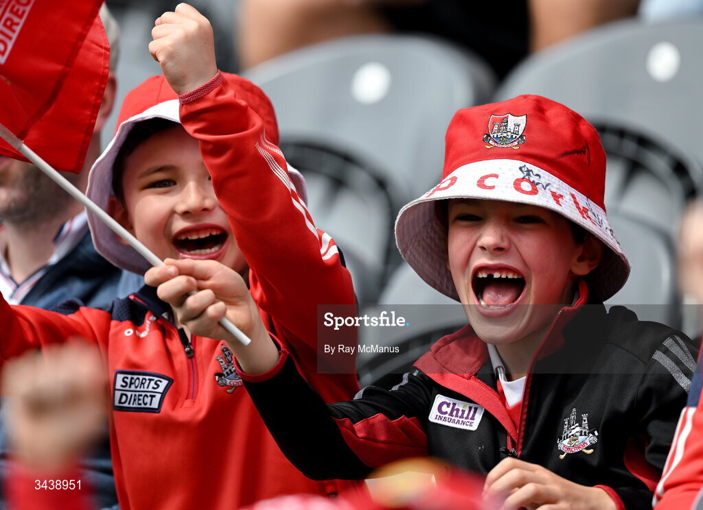 26 April 2026; Cork supporter Aodh Hegarty, seven years, and his cousin Kenzo Hatano, left, from Carraig na bhFear GAA Club during the Munster GAA Senior Hurling Championship Round 2 match between Cork and Limerick at SuperValu Páirc Uí Chaoimh in Cork. Photo by Ray McManus/Sportsfile