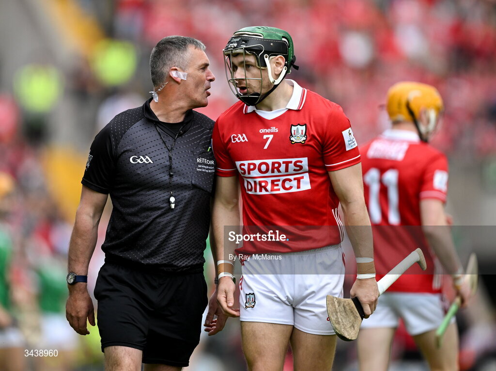 26 April 2026; Referee James Owens talking to Mark Coleman of Cork during the Munster GAA Senior Hurling Championship Round 2 match between Cork and Limerick at SuperValu Páirc Uí Chaoimh in Cork. Photo by Ray McManus/Sportsfile