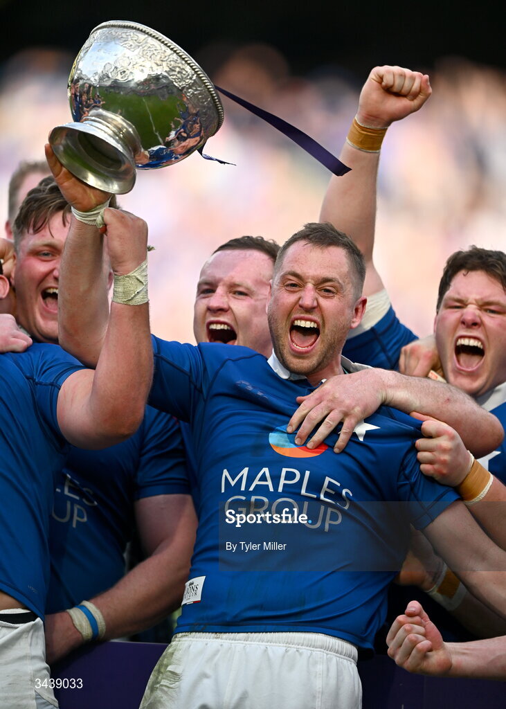 26 April 2026; St Mary's College RFC captain Conor Dean lifts the lifts the Energia Men's AIL Division 1A trophy after the Energia Men's All-Ireland League Division 1A final match between Clontarf FC and St Mary's College RFC at the Aviva Stadium in Dublin. Photo by Tyler Miller/Sportsfile
