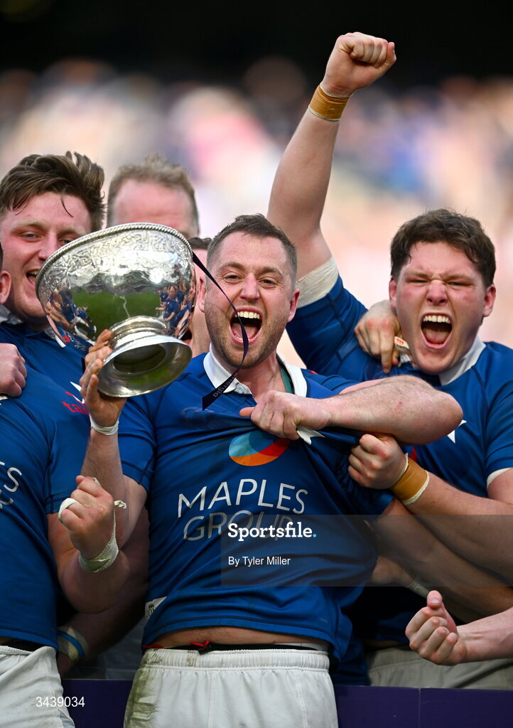 26 April 2026; St Mary's College RFC captain Conor Dean lifts the lifts the Energia Men's AIL Division 1A trophy after the Energia Men's All-Ireland League Division 1A final match between Clontarf FC and St Mary's College RFC at the Aviva Stadium in Dublin. Photo by Tyler Miller/Sportsfile