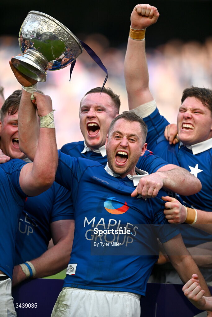 26 April 2026; St Mary's College RFC captain Conor Dean lifts the lifts the Energia Men's AIL Division 1A trophy after the Energia Men's All-Ireland League Division 1A final match between Clontarf FC and St Mary's College RFC at the Aviva Stadium in Dublin. Photo by Tyler Miller/Sportsfile