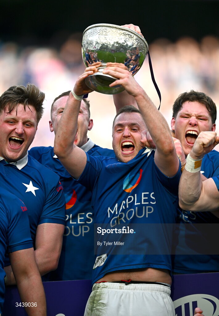 26 April 2026; St Mary's College RFC captain Conor Dean lifts the lifts the Energia Men's AIL Division 1A trophy after the Energia Men's All-Ireland League Division 1A final match between Clontarf FC and St Mary's College RFC at the Aviva Stadium in Dublin. Photo by Tyler Miller/Sportsfile