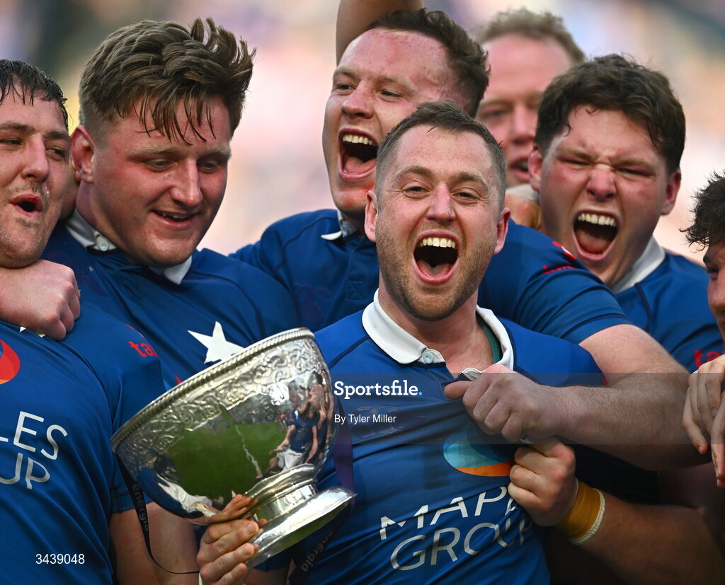 26 April 2026; St Mary's College RFC captain Conor Dean lifts the Energia Men's AIL Division 1A trophy after the Energia Men's All-Ireland League Division 1A final match between Clontarf FC and St Mary's College RFC at the Aviva Stadium in Dublin. Photo by Tyler Miller/Sportsfile