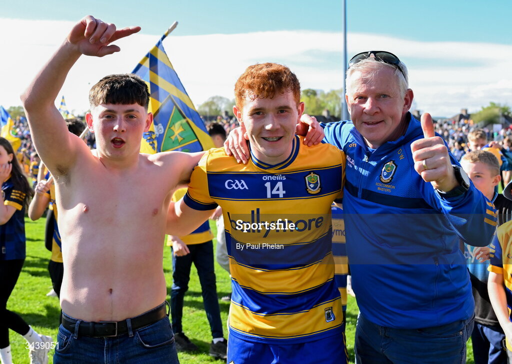 26 April 2026; Colm Neary of Roscommon celebrates with supporters after the Connacht GAA Football Senior Championship semi-final match between Mayo and Roscommon at Hastings Insurance MacHale Park in Castlebar, Mayo. Photo by Paul Phelan/Sportsfile